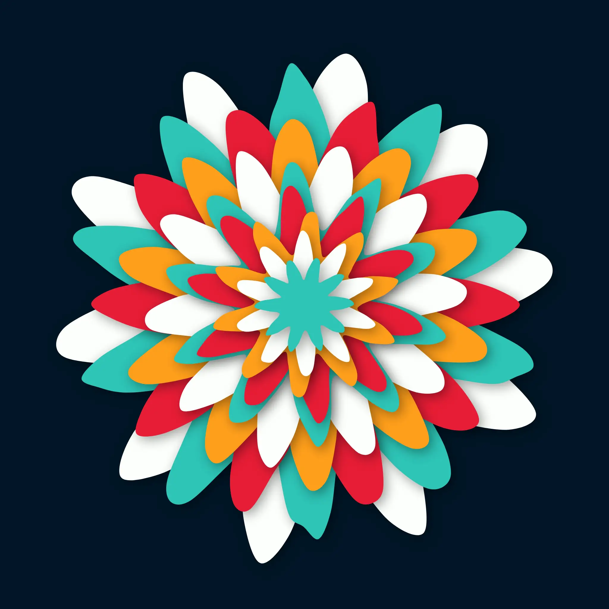 FLOWER #51: layered petals in red, orange, teal and white on a dark background