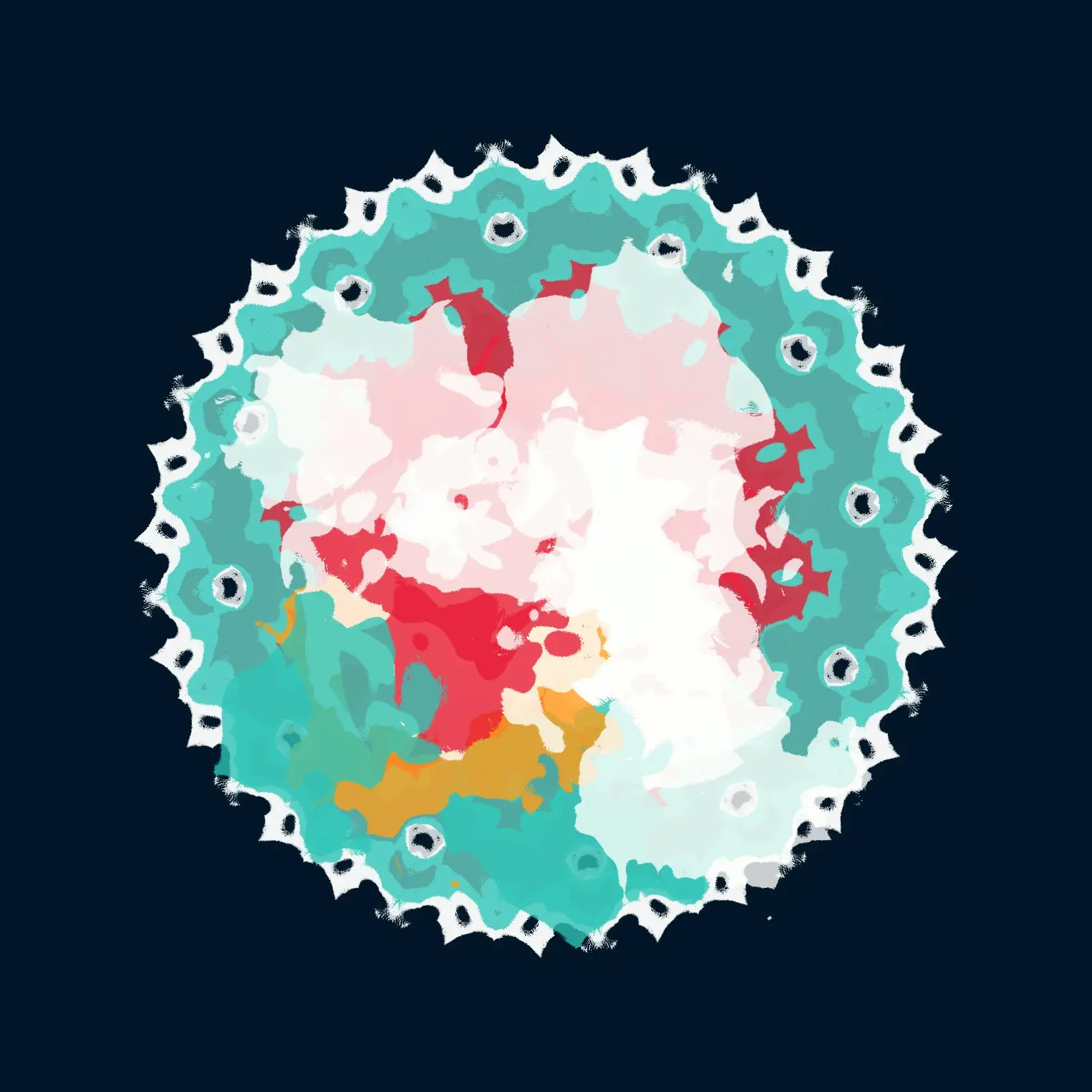 Mirage #36: a round form of teal, pink, red, ochre and white patches inside a white lace edge, on a dark blue background