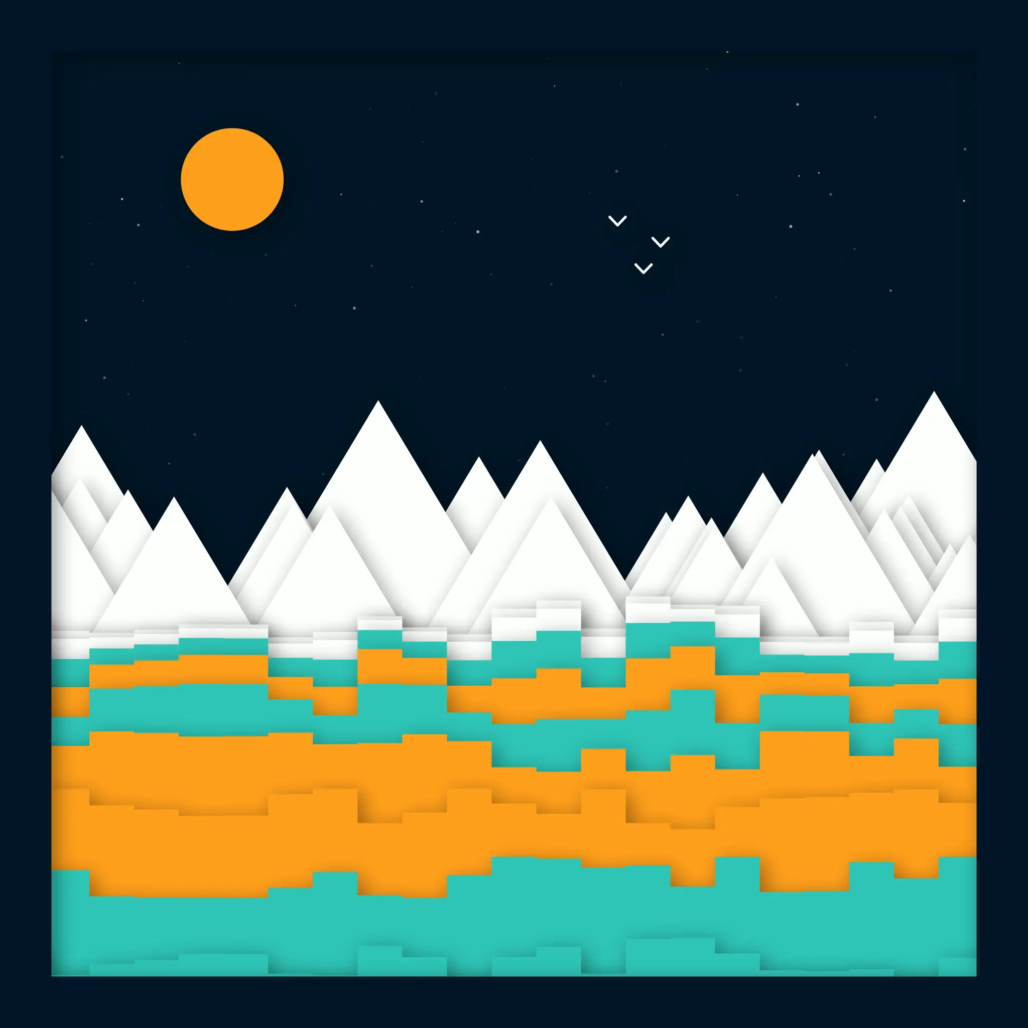RIVER #1: white paper-cut mountains above layered orange and teal bands, under a night sky with an orange sun