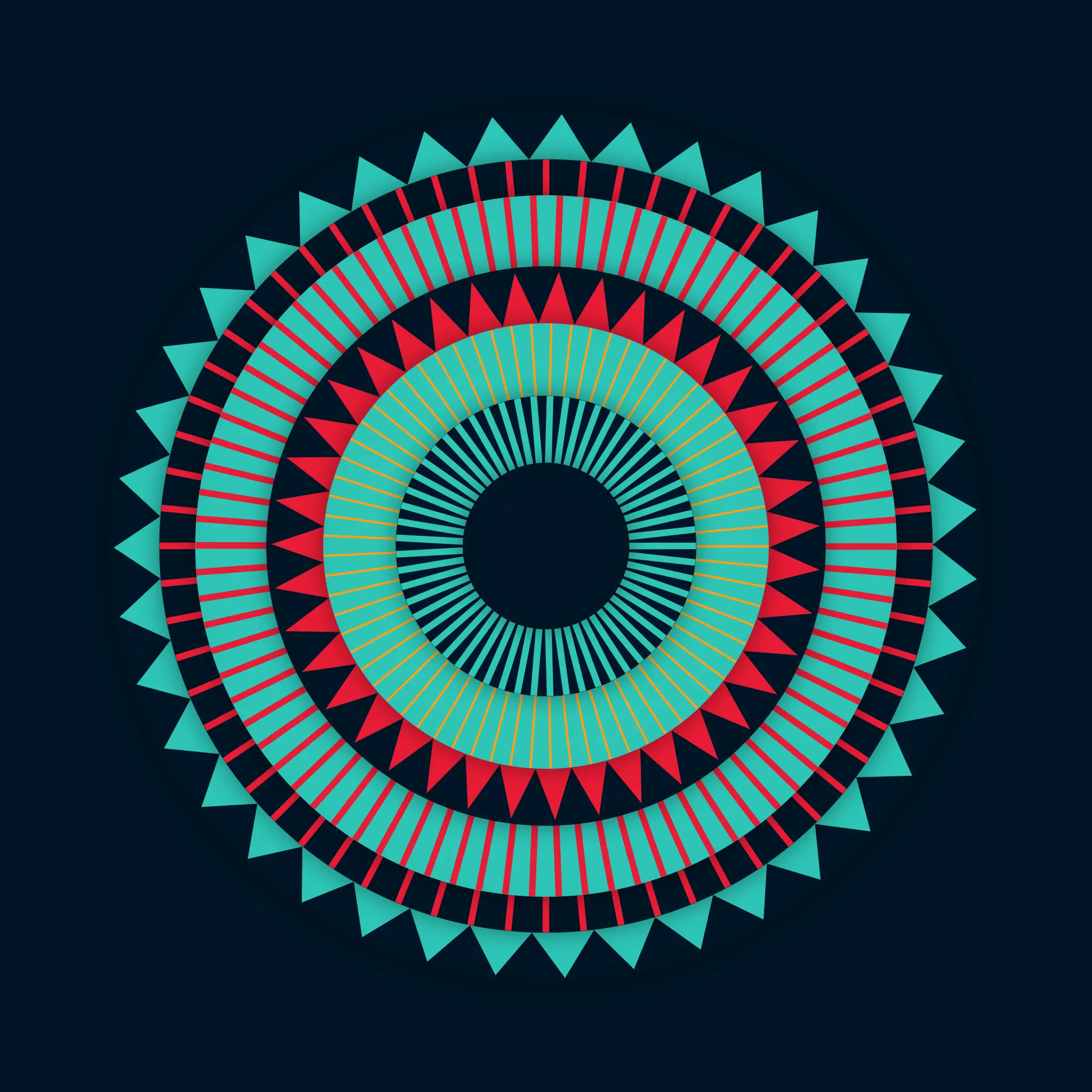 ROTATING SYSTEM 01 #52: concentric rings of triangles in red, white, orange and teal on a dark background