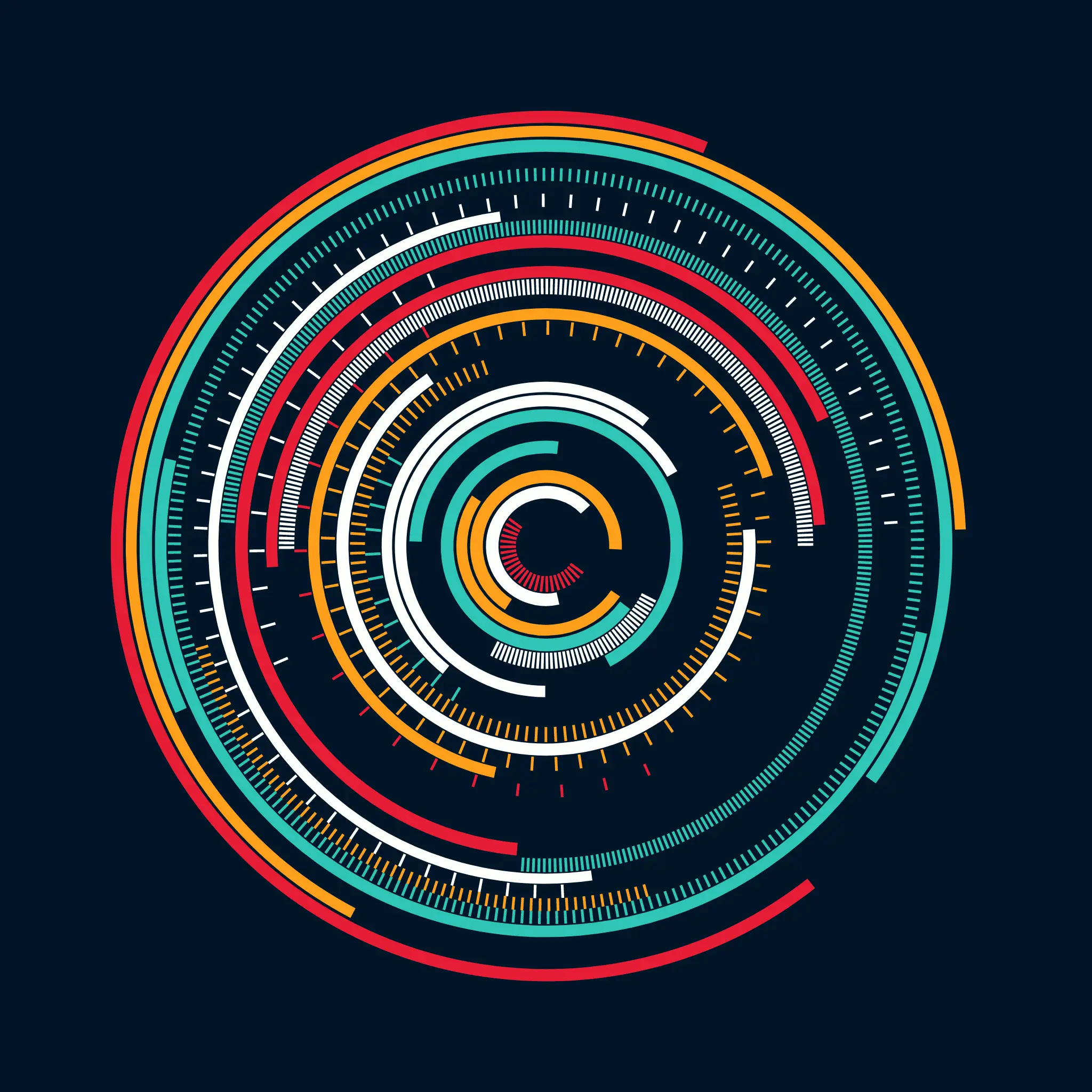 ROTATING SYSTEM 03 #1: dense concentric arcs and dotted lines in red, teal, orange and white on a dark background