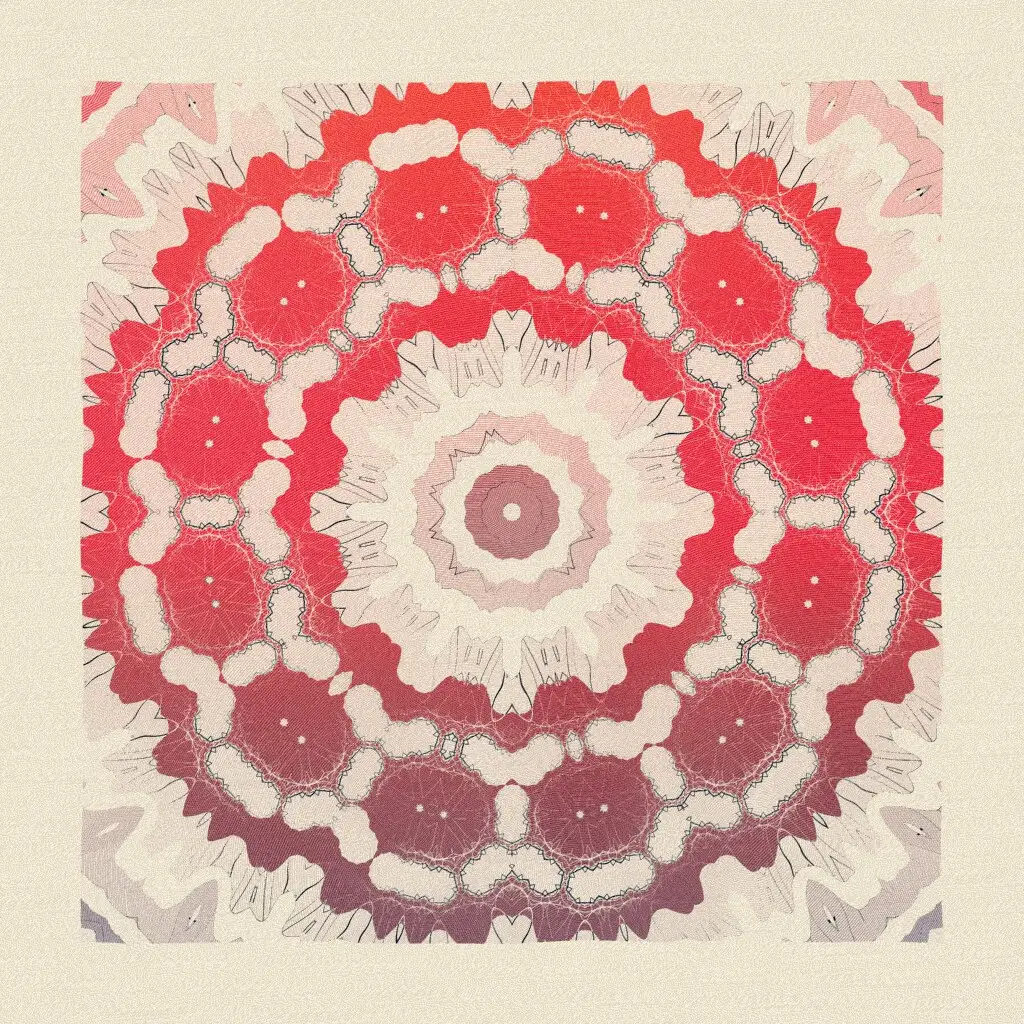 Symmetry #0: a red and white radial pattern on a cream background