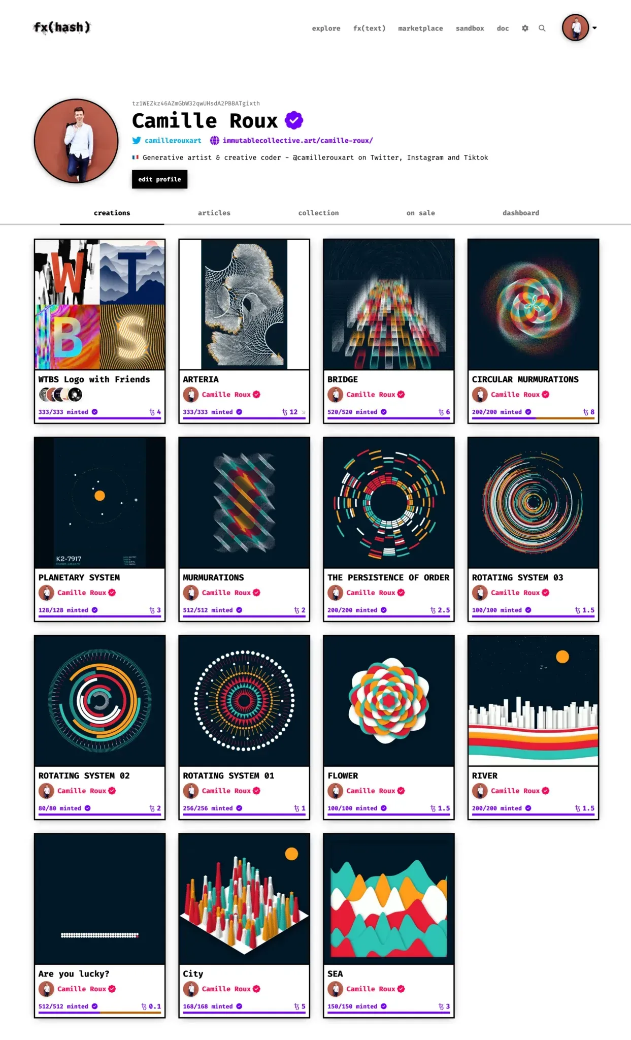 My fx(hash) profile, showing a grid of published projects